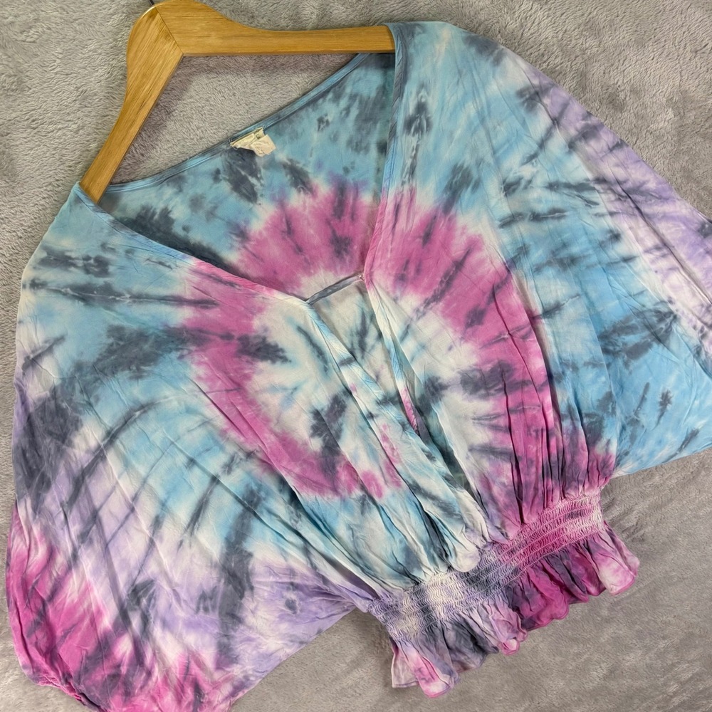 Surf Gypsy Women's Tie Dye Crop‎ Top Blue Pink Batwing Boho Festival Style Sz S